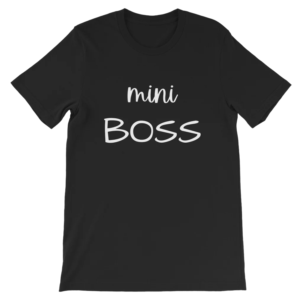 Child's black premium cotton short sleeved t-shirt with white printed text; Mini BOSS