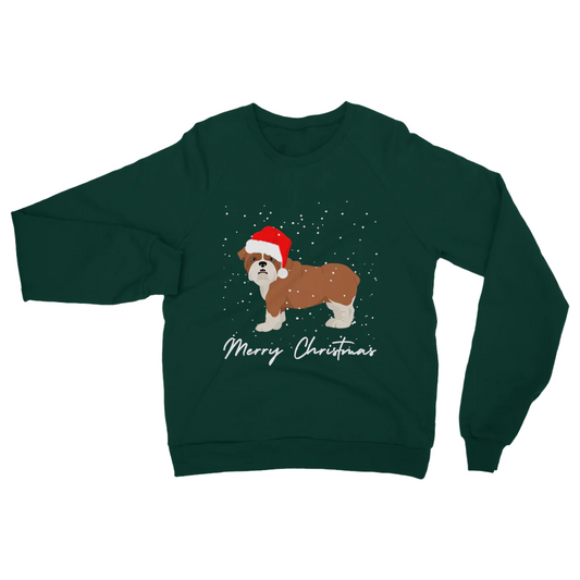 Dark Green Christmas sweatshirt with an English Bulldog in a Santa hat, snow falling, and “Merry Christmas” text below