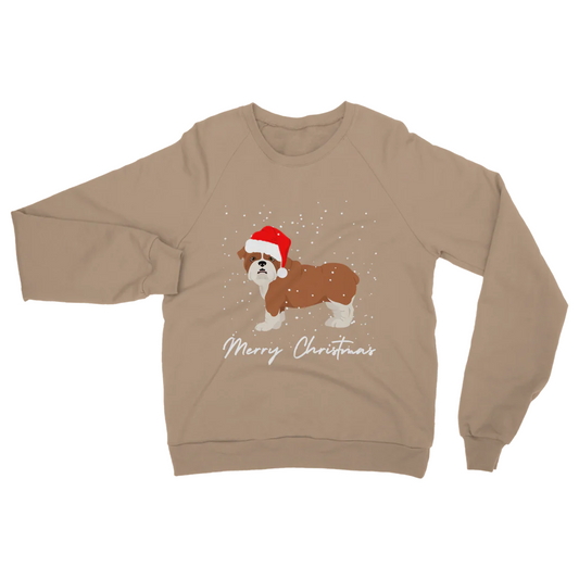 Nude coloured Christmas sweatshirt with an English Bulldog in a Santa hat, snow falling, and “Merry Christmas” text below